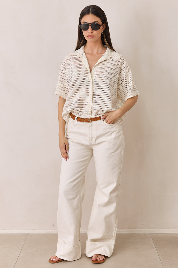 מכופתרת רשת בריטה שרוול קצר | שמנת