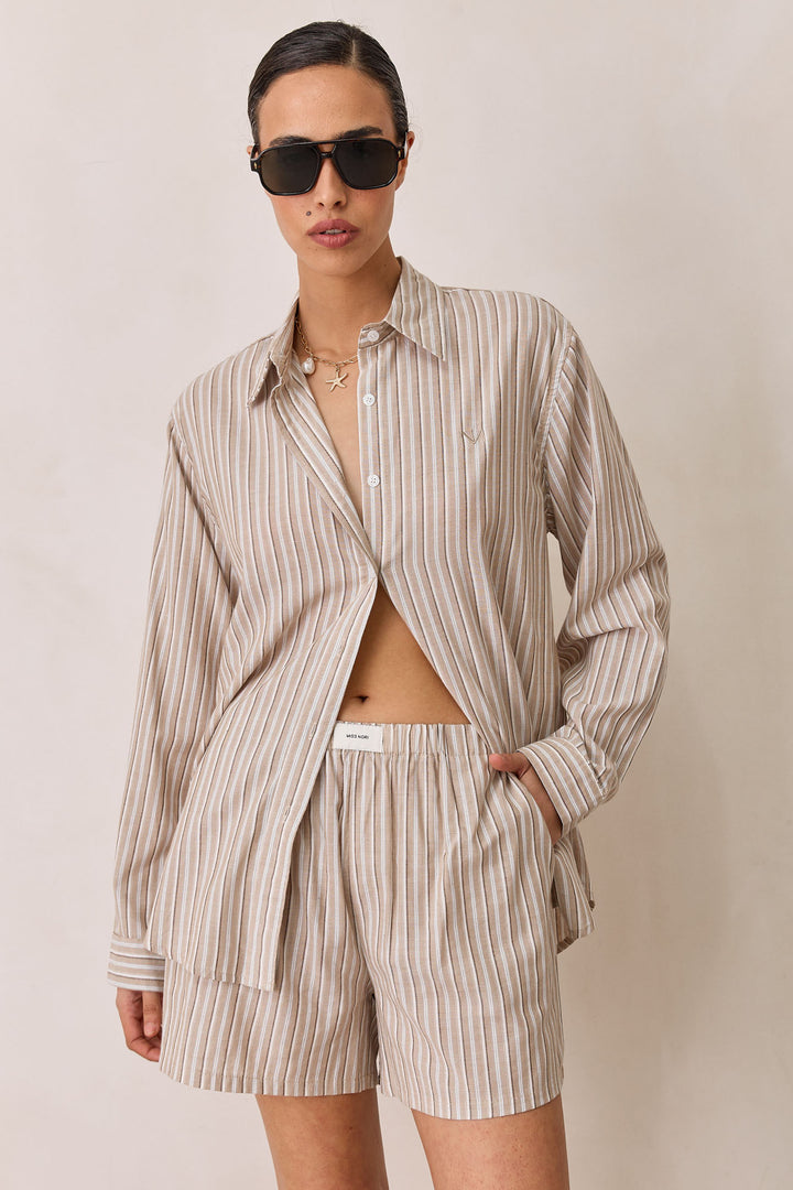 מכופתרת אנורה סטרייפס בד שקפקף | חום/בז'