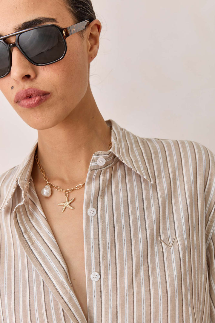 מכופתרת אנורה סטרייפס בד שקפקף | חום/בז'