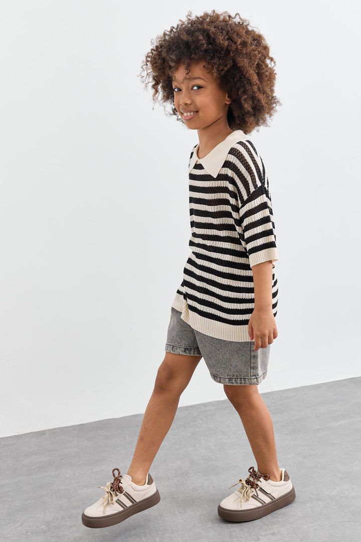 טי שירט סריג עם צווארון בדוגמת פסים | שחור/לבן