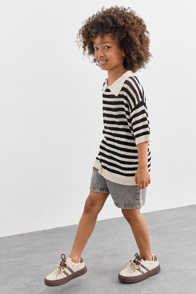 טי שירט סריג עם צווארון בדוגמת פסים | שחור/לבן