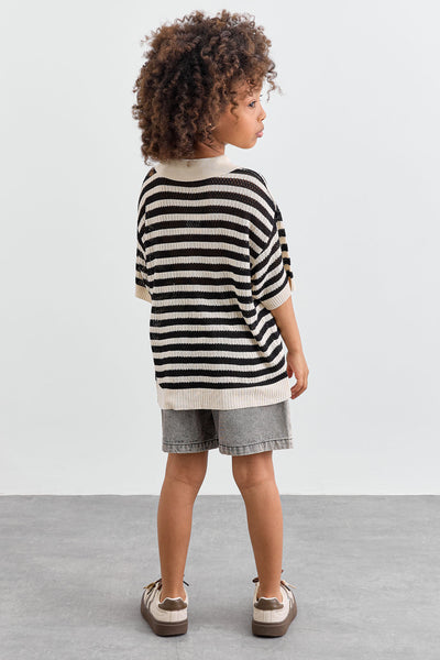 טי שירט סריג עם צווארון בדוגמת פסים | שחור/לבן