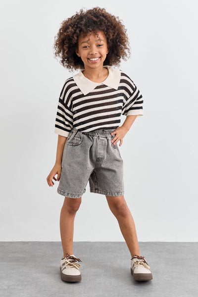 טי שירט סריג עם צווארון בדוגמת פסים | שחור/לבן