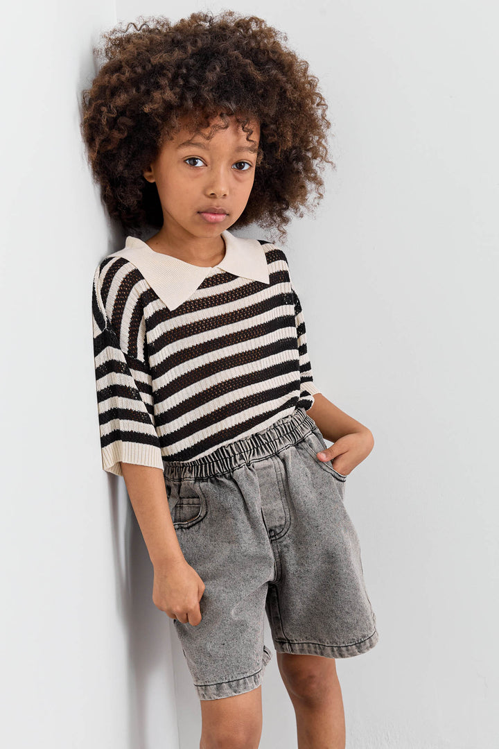 טי שירט סריג עם צווארון בדוגמת פסים | שחור/לבן