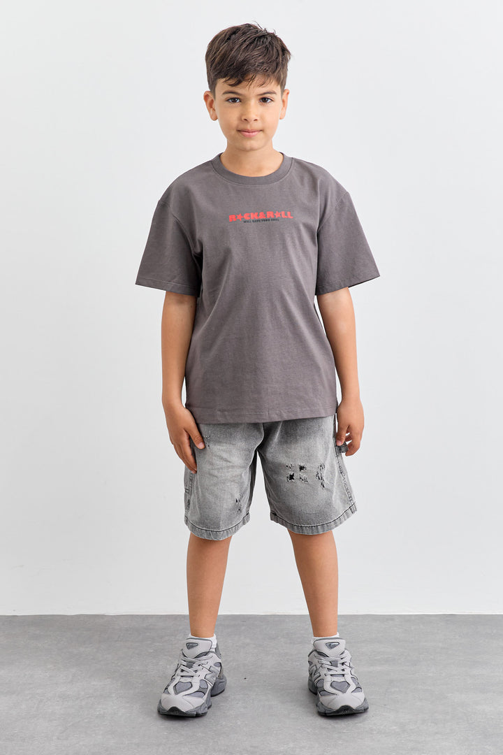 טי שירט ROCK&ROLL בגזרת אוברסייז | אפור כהה