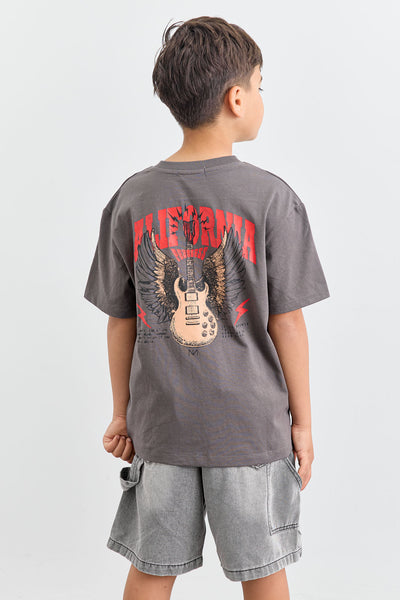 טי שירט ROCK&ROLL בגזרת אוברסייז | אפור כהה