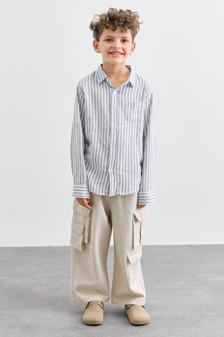 חולצה מכופתרת הדפס פסים | כחול/לבן