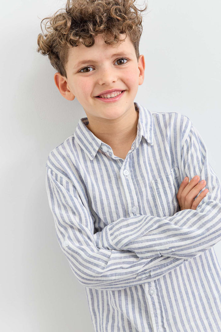 חולצה מכופתרת הדפס פסים | כחול/לבן