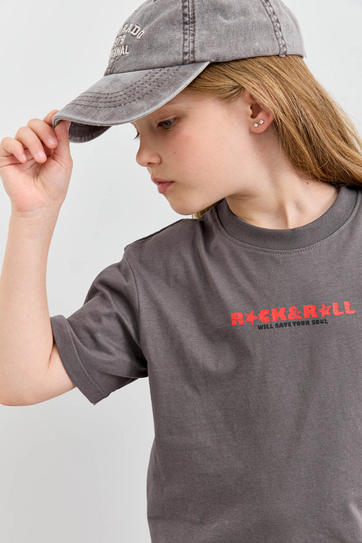 טי שירט ROCK&ROLL בגזרת אוברסייז | אפור כהה