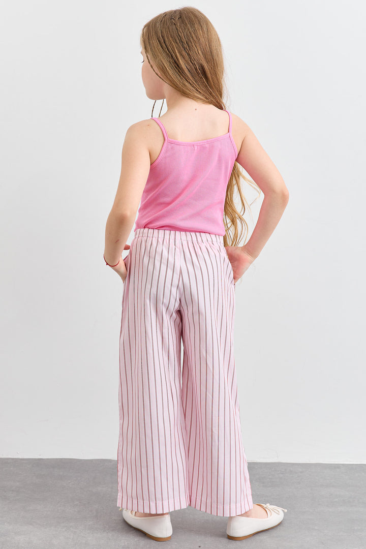 מכנס כותנה בגזרת וויד לג בהדפס פסים עם שסע | ורוד