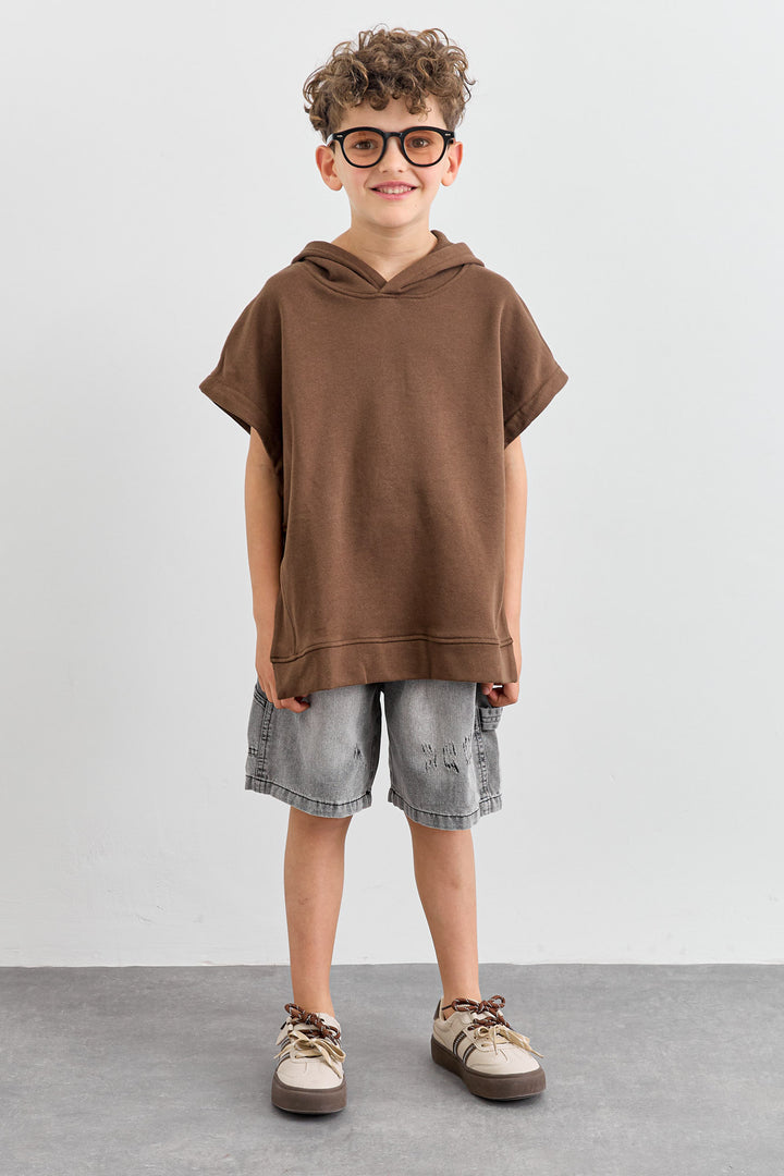 סוויטשירט ללא שרוול בשילוב קפוצ'ון | חום