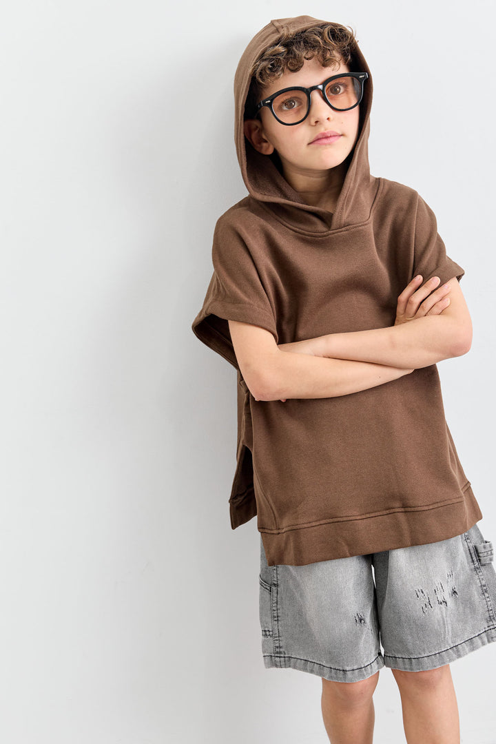 סוויטשירט ללא שרוול בשילוב קפוצ'ון | חום