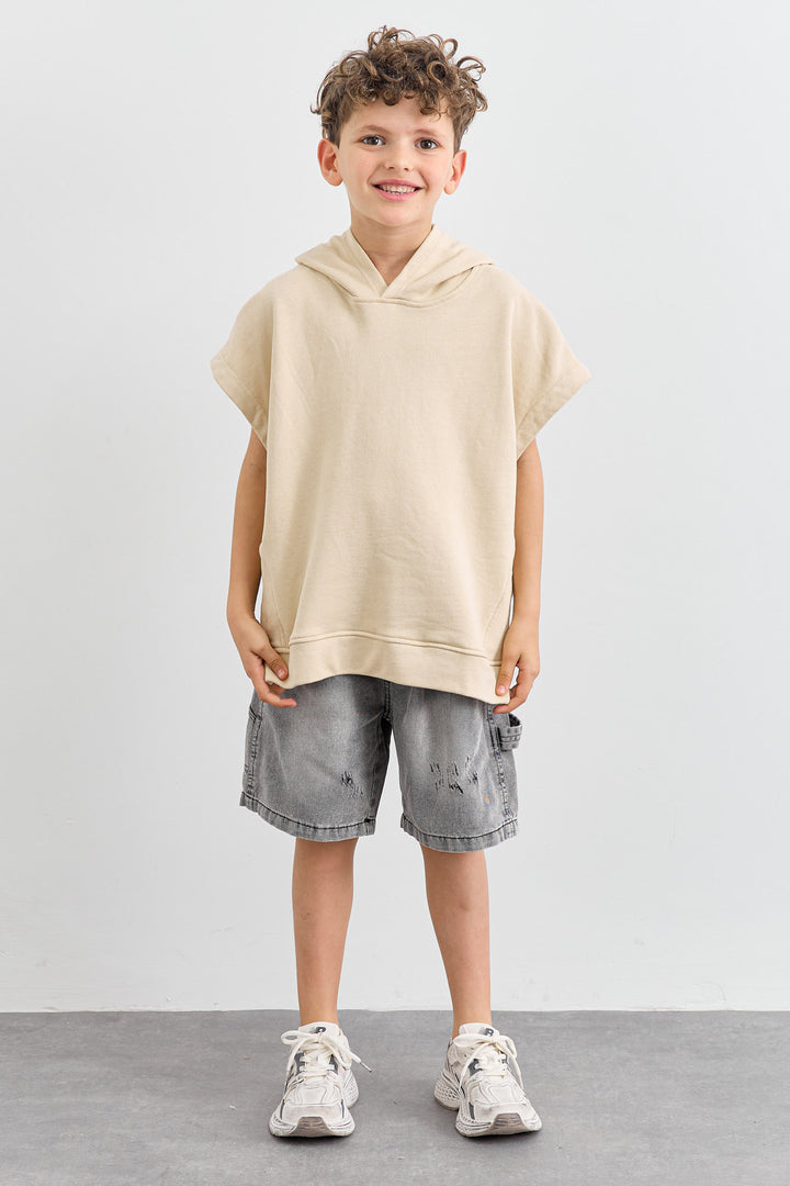 סוויטשירט ללא שרוול בשילוב קפוצ'ון | בז'