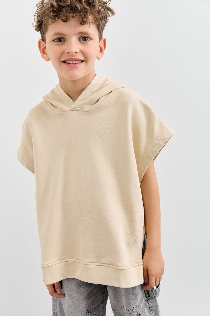 סוויטשירט ללא שרוול בשילוב קפוצ'ון | בז'