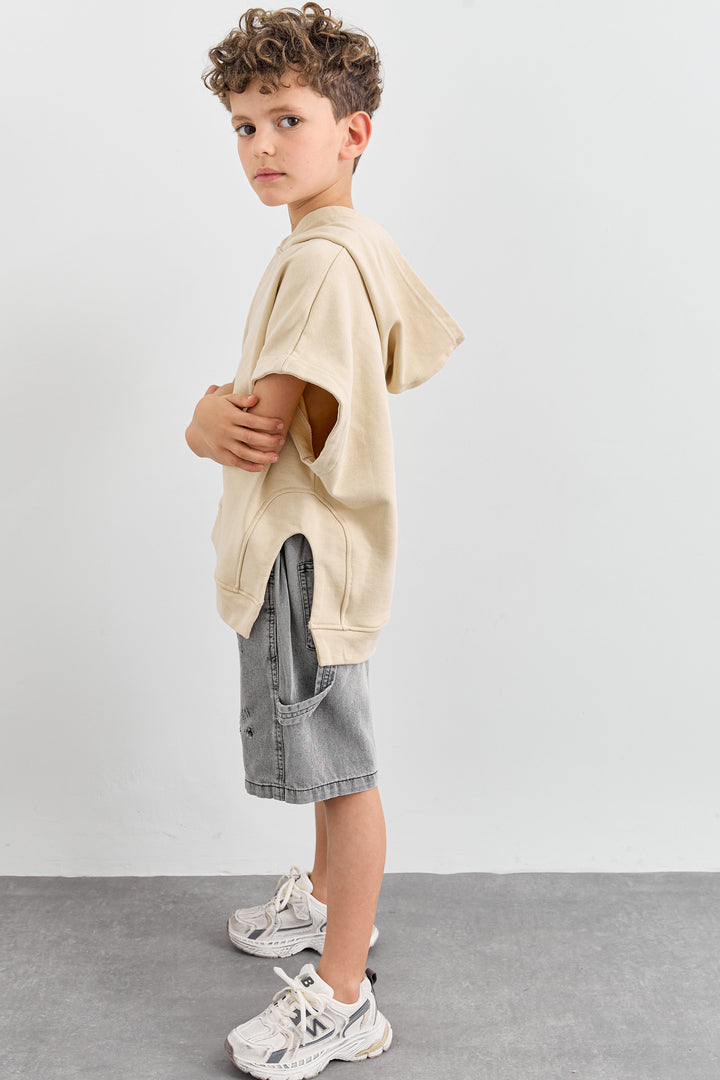 סוויטשירט ללא שרוול בשילוב קפוצ'ון | בז'