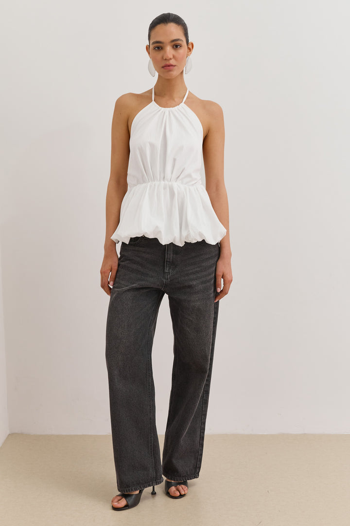 חולצת קולר אריאנה בשילוב פפלום | לבן