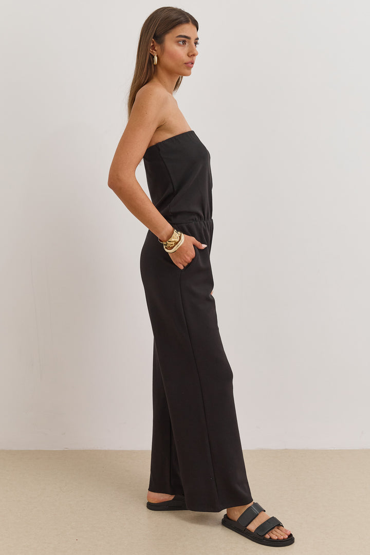 אוברול סטרפלס סלין גומי במותן | שחור