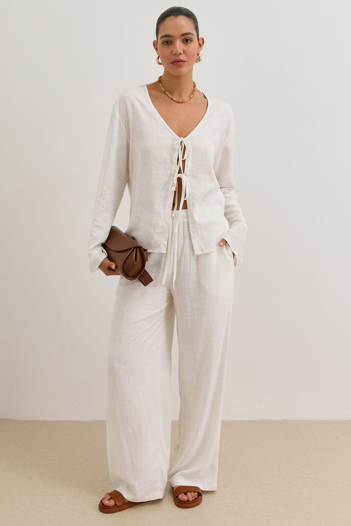 חולצת קשירות לורה דמוי פשתן | לבן