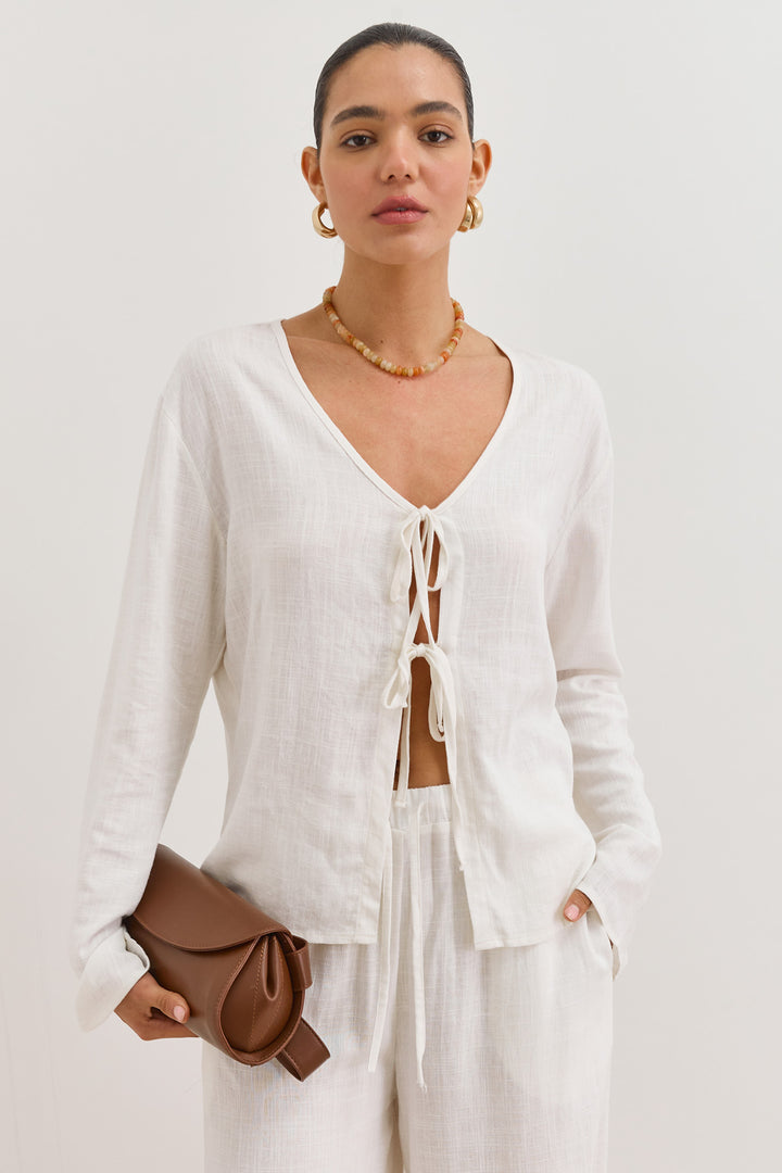 חולצת קשירות לורה דמוי פשתן | לבן
