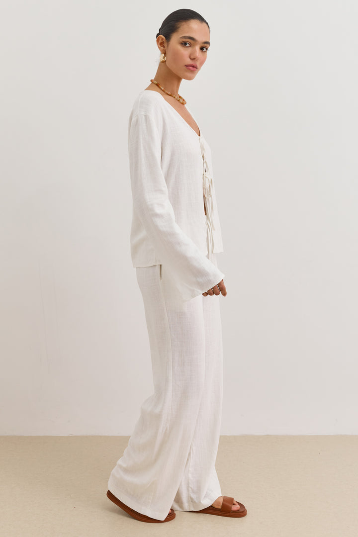 חולצת קשירות לורה דמוי פשתן | לבן