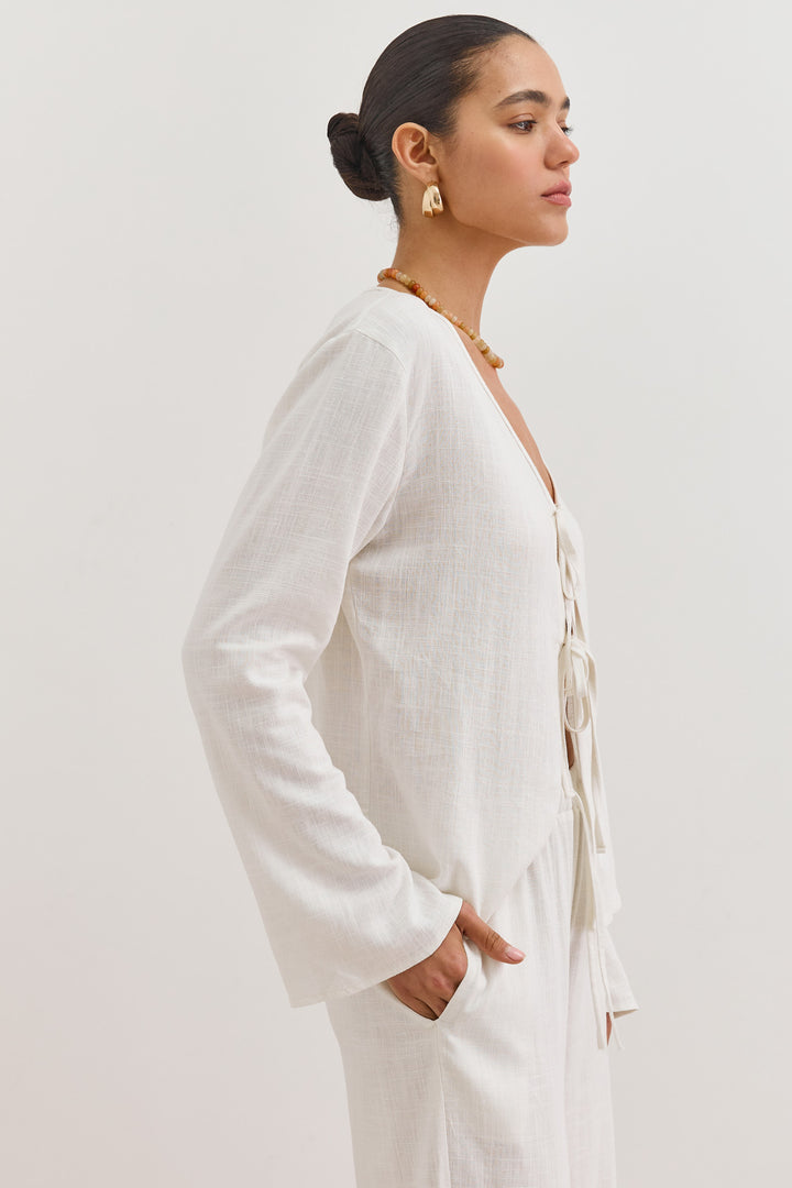 חולצת קשירות לורה דמוי פשתן | לבן