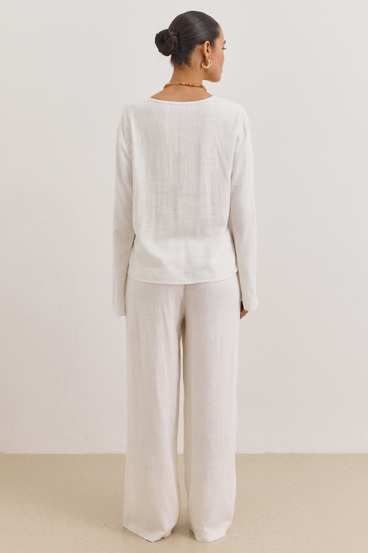 חולצת קשירות לורה דמוי פשתן | לבן