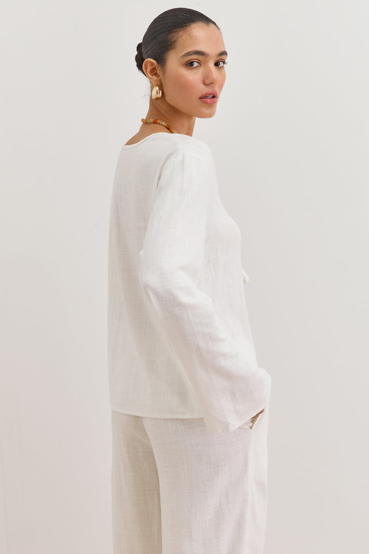 חולצת קשירות לורה דמוי פשתן | לבן