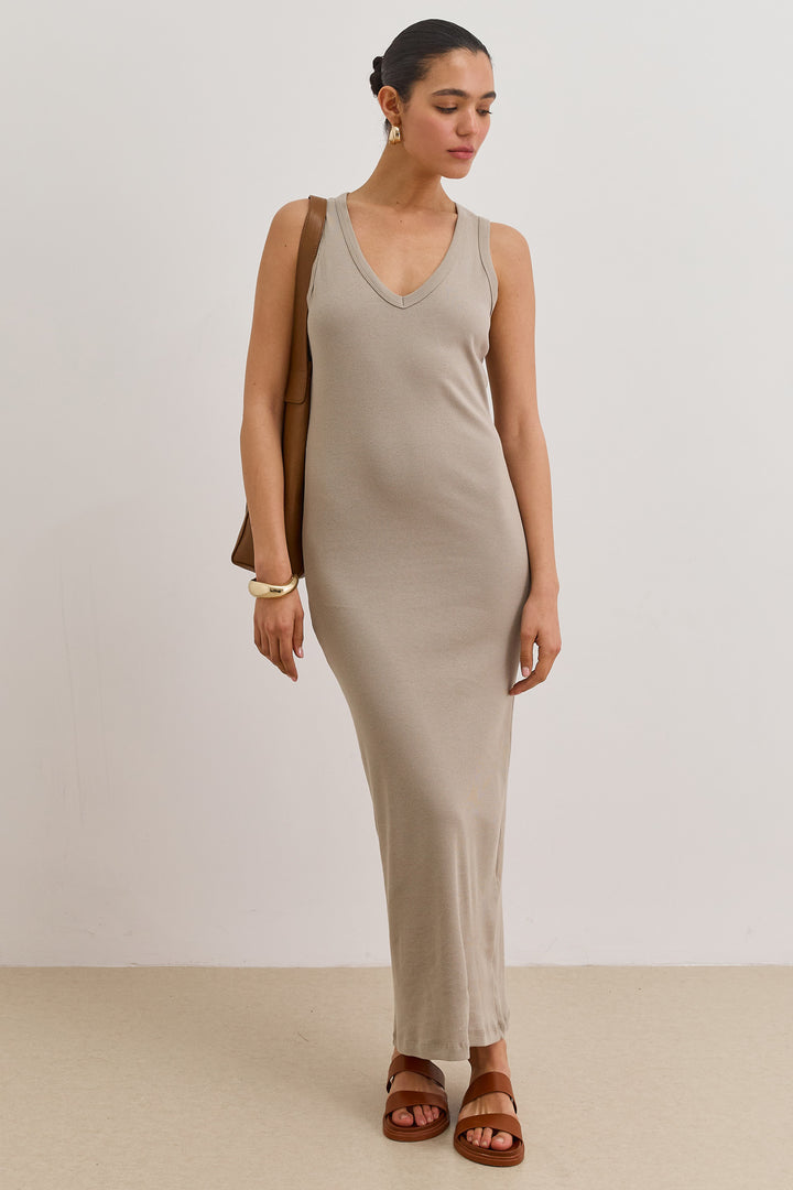 שמלת מקסי לופז בד ריב | ירוק זית