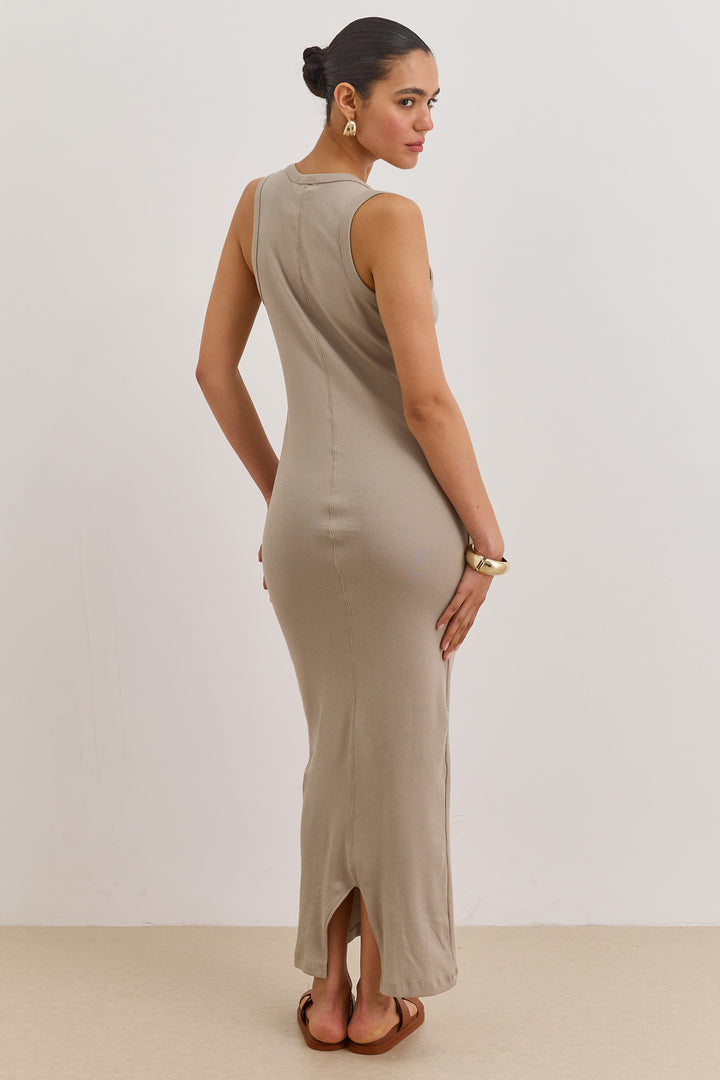 שמלת מקסי לופז בד ריב | ירוק זית