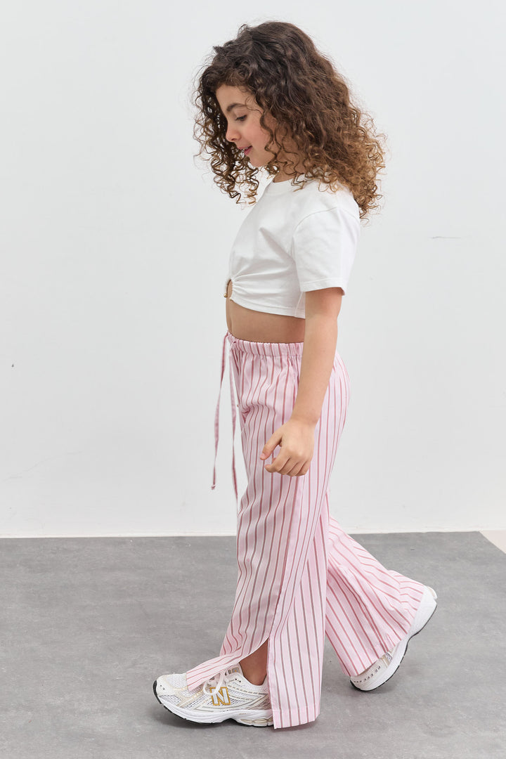 מכנס כותנה בגזרת וויד לג בהדפס פסים עם שסע | ורוד