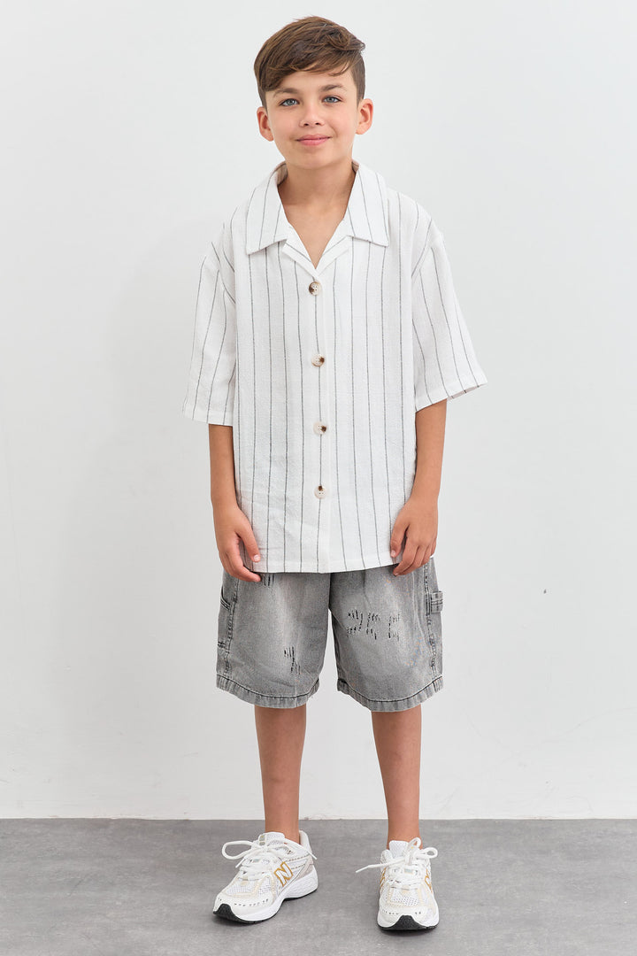 מכופתרת דמוי פשתן הדפס פסים | לבן