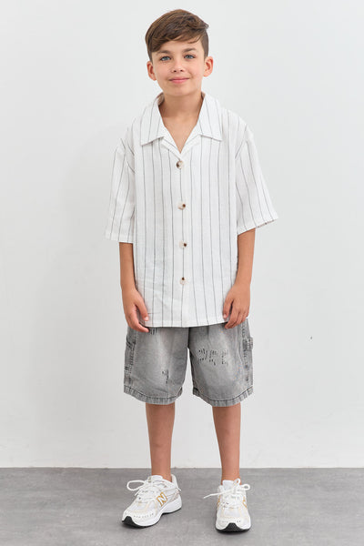 מכופתרת דמוי פשתן הדפס פסים | לבן