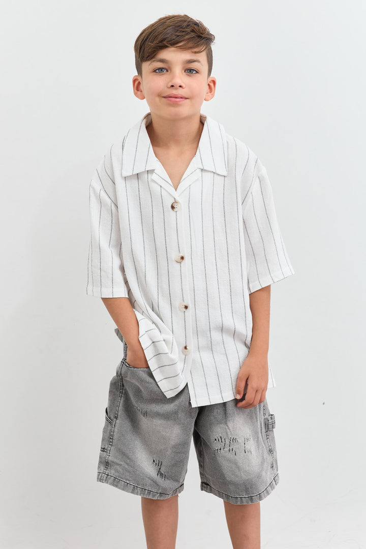 מכופתרת דמוי פשתן הדפס פסים | לבן