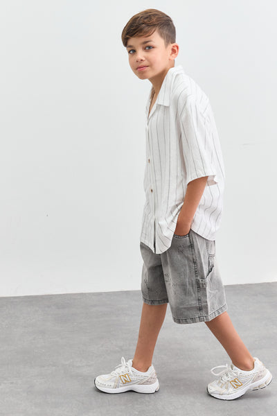 מכופתרת דמוי פשתן הדפס פסים | לבן