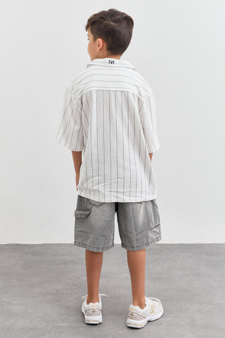 מכופתרת דמוי פשתן הדפס פסים | לבן