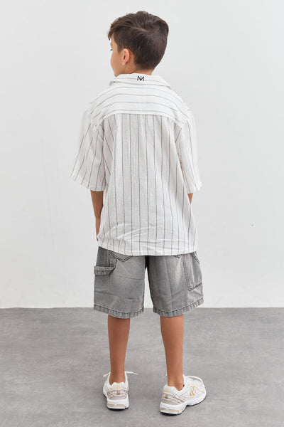 מכופתרת דמוי פשתן הדפס פסים | לבן