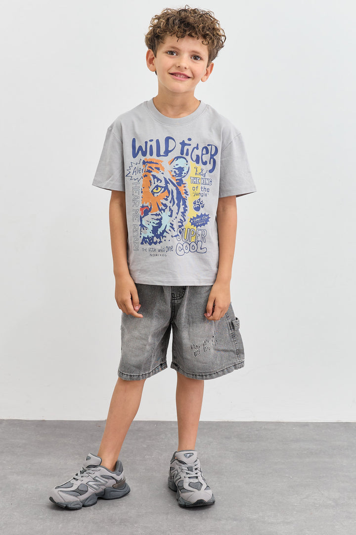 טי שירט Wild Tiger בגזרת אוברסייז | אפור