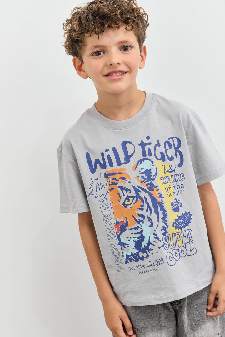 טי שירט Wild Tiger בגזרת אוברסייז | אפור