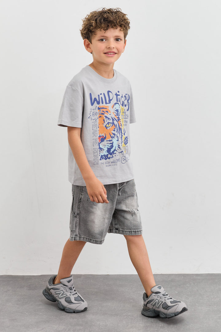 טי שירט Wild Tiger בגזרת אוברסייז | אפור