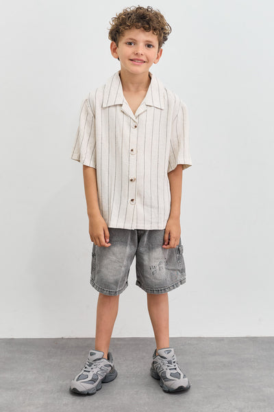 מכופתרת דמוי פשתן הדפס פסים | בז'