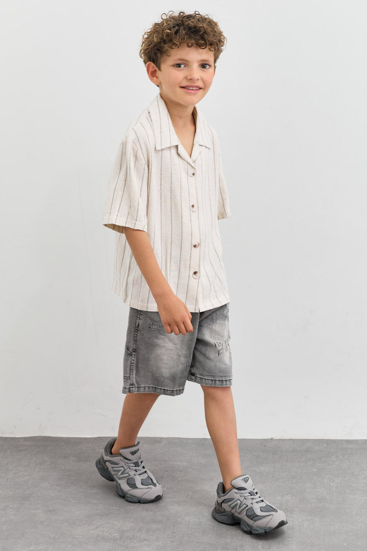 מכופתרת דמוי פשתן הדפס פסים | בז'