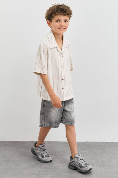 מכופתרת דמוי פשתן הדפס פסים | בז'