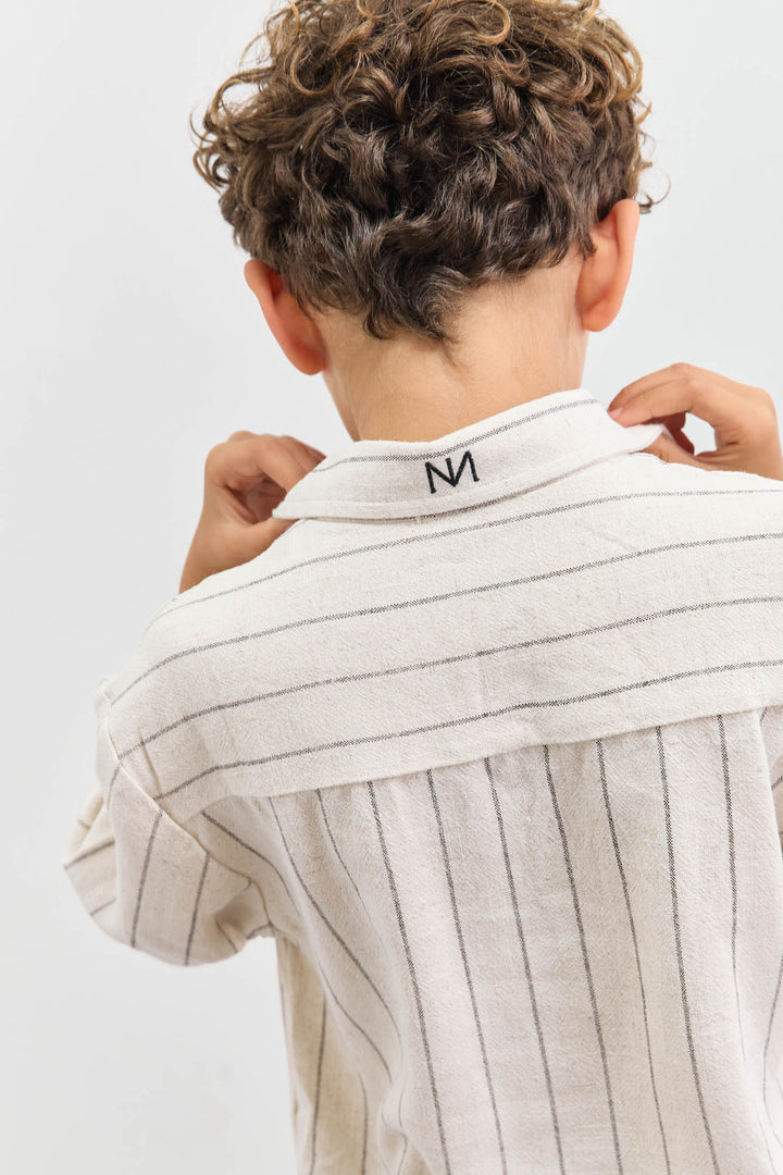 מכופתרת דמוי פשתן הדפס פסים | בז'