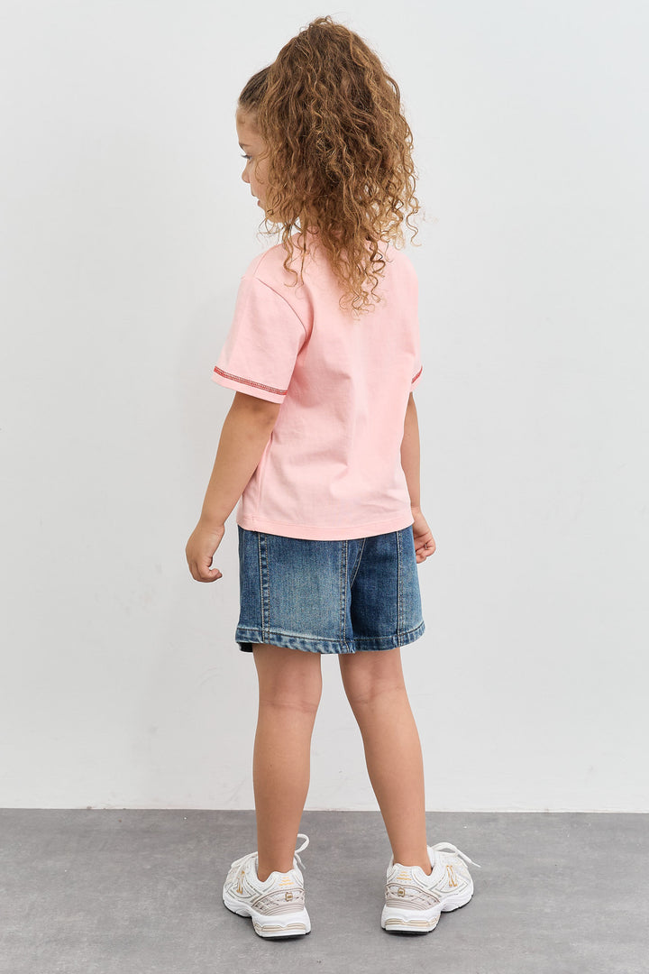 טי שירט שרוולים קצרים עם רקמת לוגו | ורוד