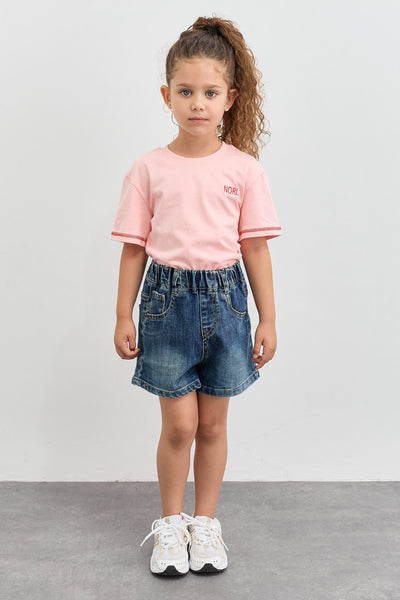 טי שירט שרוולים קצרים עם רקמת לוגו | ורוד