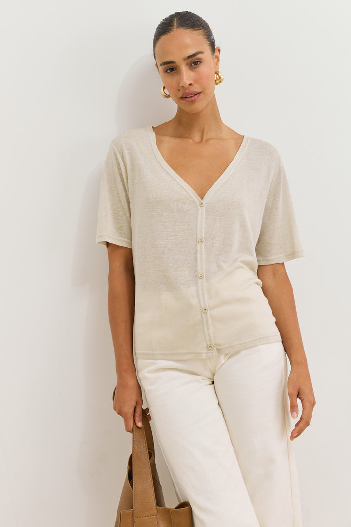 חולצת כפתורים בילי מחשוף וי | אבן
