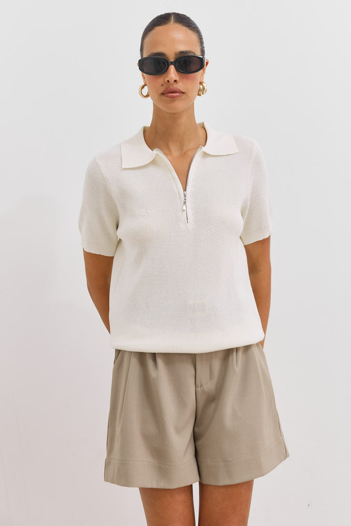 חולצת צווארון מונקו סריג דק | שמנת