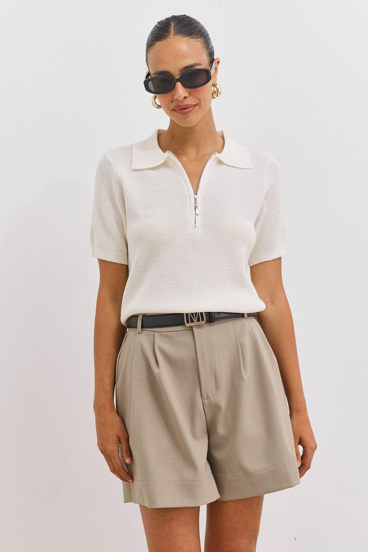 חולצת צווארון מונקו סריג דק | שמנת