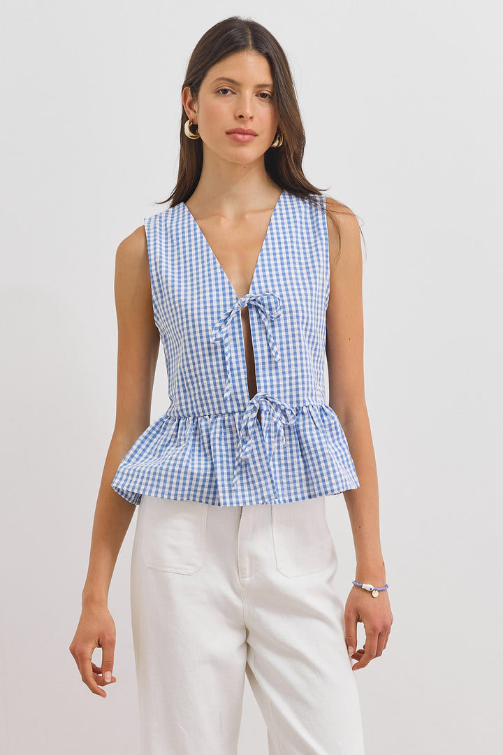 חולצת מרגו פפלום הדפס משבצות | כחול/לבן