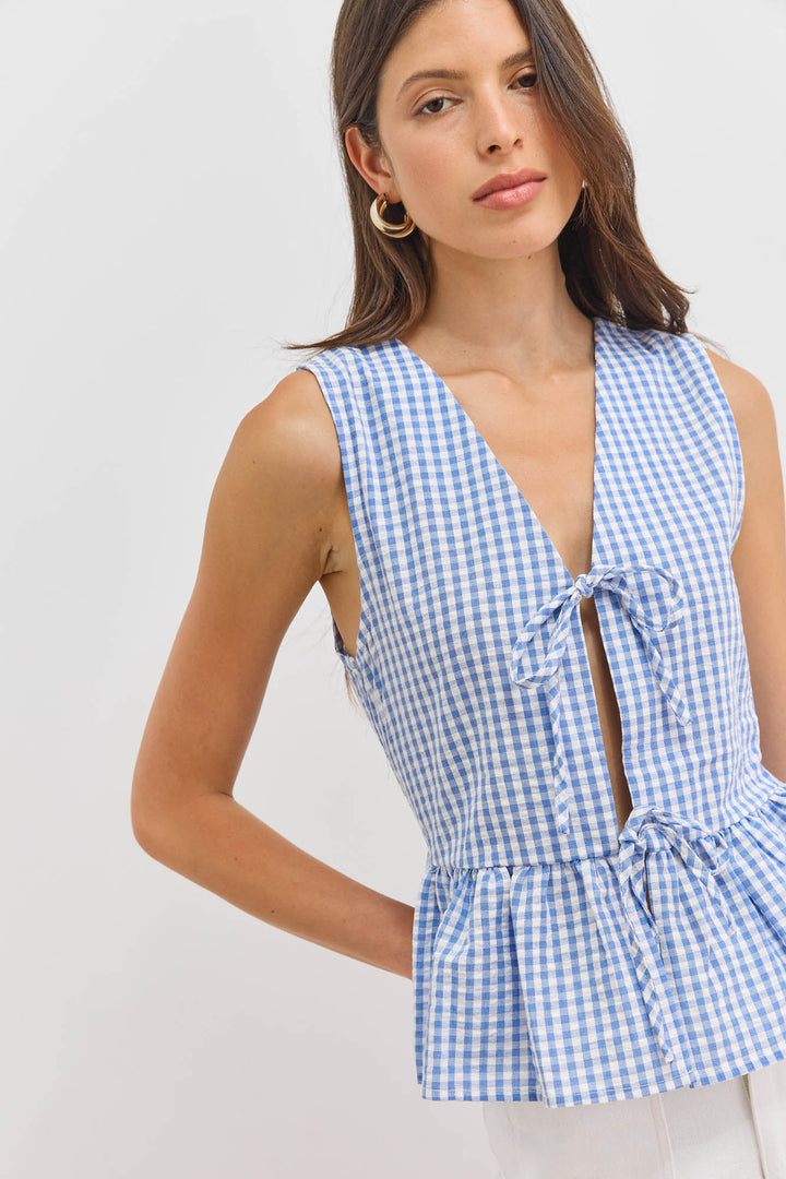 חולצת מרגו פפלום הדפס משבצות | כחול/לבן